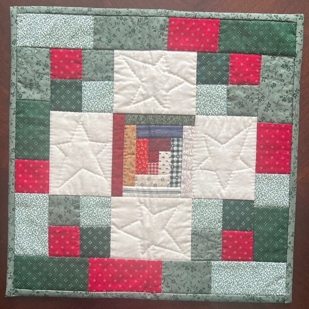 Handcrafted Hand Stitched Quilted Patchwork Log Cabin White Stars Table Topper
